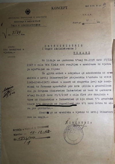 1947/Ministria e Industrisë, grumbullonte dokumentet për t&#039;i çuar në Jugosllavi