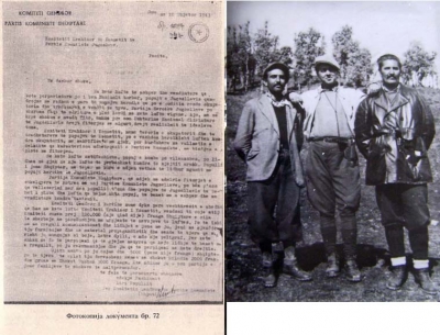 Faksimile e letrës si dhe një foto e Dushan Mogoshës, Enver Hoxhës dhe Miladin Popoviçit në vitin 1943