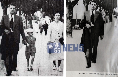 Fotografia në Bari të Italisë në vitin 1934, E.Hoxha heq nipin dhe motrën