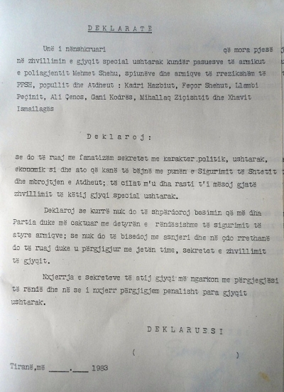 1983/Deklarata që nënshkruan kundër tij ish vartësit e Kadri Hazbiut
