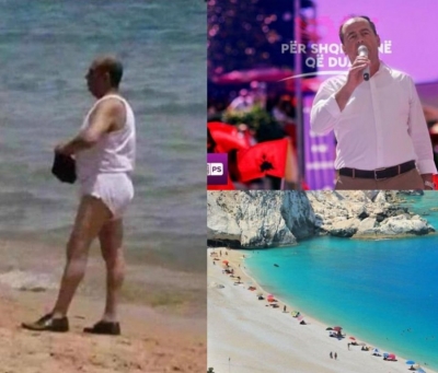 FOTO/ Me brekë, kanatiere dhe këpucë me maja, kryebashkiaku monist i Përrenjasit &#039;e djeg&#039; në plazhet greke