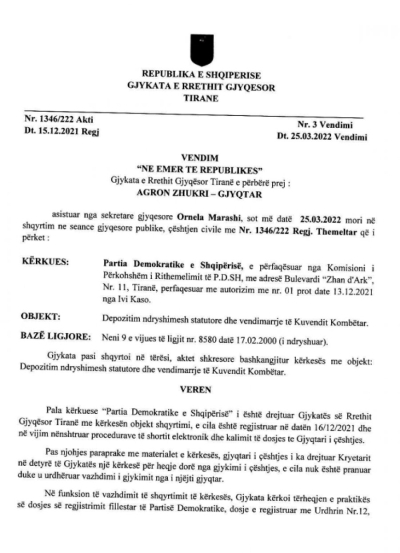 Zbardhet vendimi/ Gjykata: Komiteti i Rithemelimit drejton PD-në