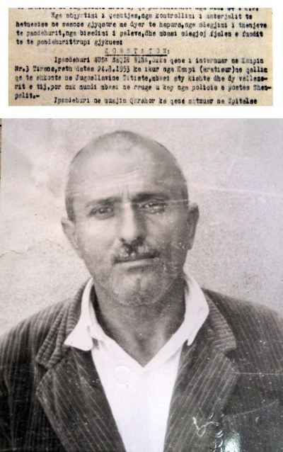 Faksimilja e dënimit të parë të vitit 1953 dhe Musa Sina gjatë burgosjes së dytë, nisur në vitin 1980