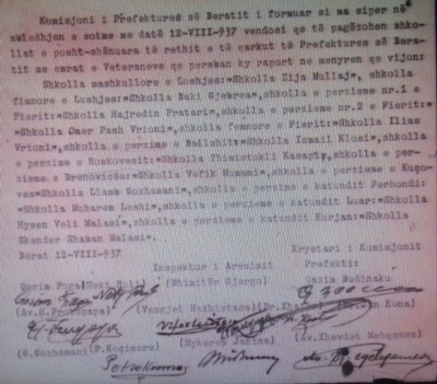 1937/Komisioni i përkujtimit të vetëqeverimit në Berat dhe emrat e shkollave të prefekturës