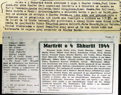 Faksimile e hetuesisë së Isuf Devës dhe gazeta &quot;Bashkimi&quot; e vitit 1945 me emrat e personave të ekzekutuar