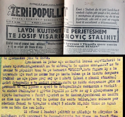 Gazeta e kohës në ditën e varrimit të Stalinit, si dhe vendimi i gjykatës për dënimin e personit në fjalë
