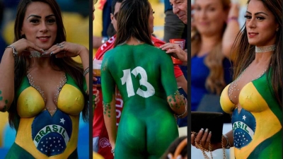 FOTO/ Tifozja &quot;tërbon&quot; stadiumin, nudo me ngjyrat e Brazilit