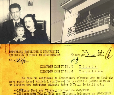Elena, Nikolla dhe vajza e vogël në Tiranë, besohet në fillim të viteve &#039;40. Po ashtu faksimile nga vendimi i lirimit nga internimi i vitit 1953