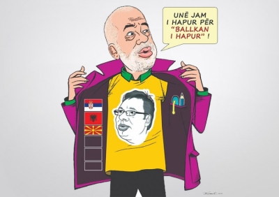 Rama, prestigjatori i 'Ballkanit të Hapur' me foton e Vuçiçit poshtë xhaketës së rilindjes