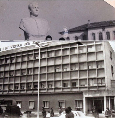 Godina e Komitetit të PPSH-së në Shkodër të nesërmen e demonstratës së 13 dhjetorit 1990, si dhe busti i Enver Hoxhës në këtë qytet. Te fotoja e komitetit spikat parulla e madhe në tarracë kushtuar “njeriut të ri”, “veprës më madhore” të regjimit komunist.