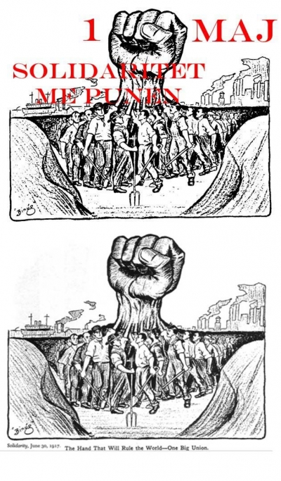  Një nga materialet propagandistike komuniste të përdorura nga OP. Poshtë origjinali me shënimin “grushti që do sundojë botën, një bashkim i madh”. Sipër paraqitja me rastin e 1 majit