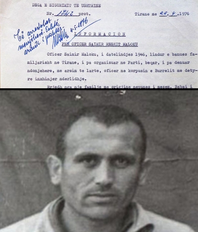 Faksimile e shkrimit të kryeministrit për arrestimin e Saimir Malokut dhe fotoja e tij gjatë kohës së burgut sipas fashikullit përkatës