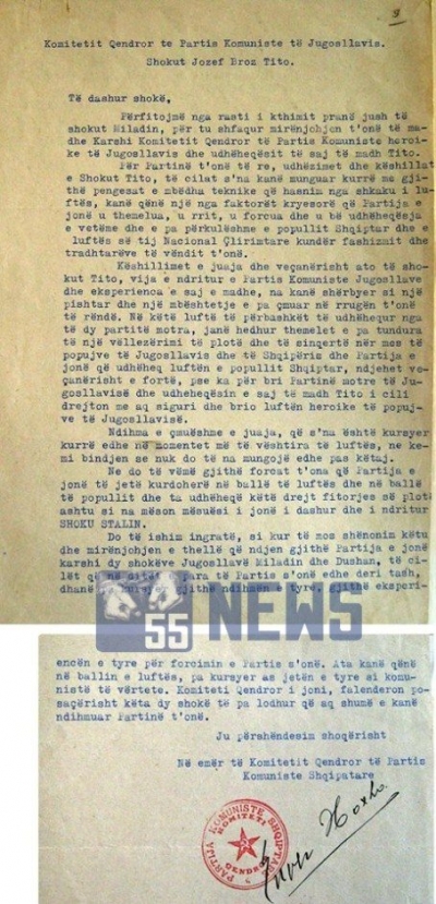 1944/Letra e Enver Hoxhës për Titon, shprehet mirënjohja e madhe për të dhe Miladinin